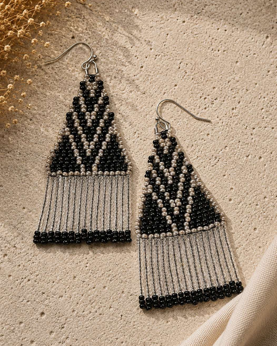 Black Transy Fringe Beaded Earrings