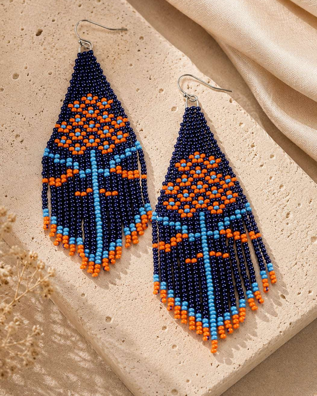 Orange Floral Fringe Beaded Earrings