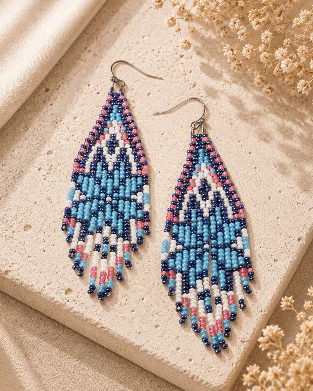 Pinky Glacier Beaded Fringe Earrings