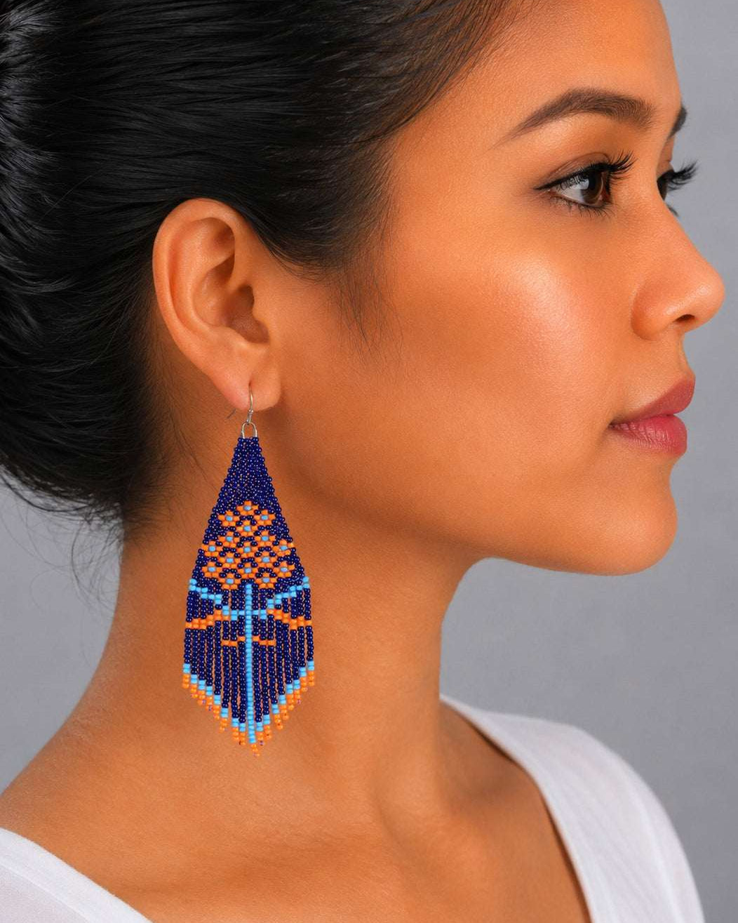 Orange Floral Fringe Beaded Earrings