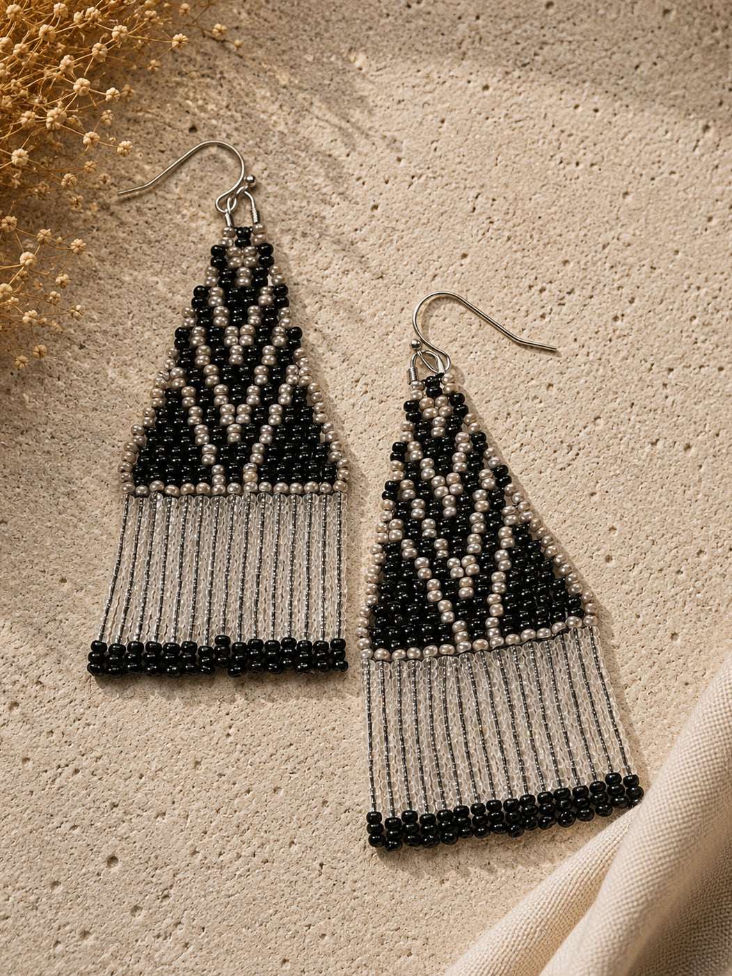 Black Transy Fringe Beaded Earrings