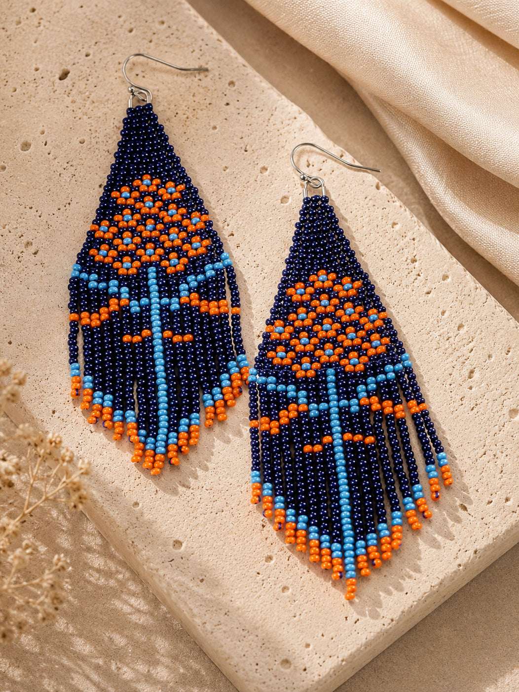 Orange Floral Fringe Beaded Earrings