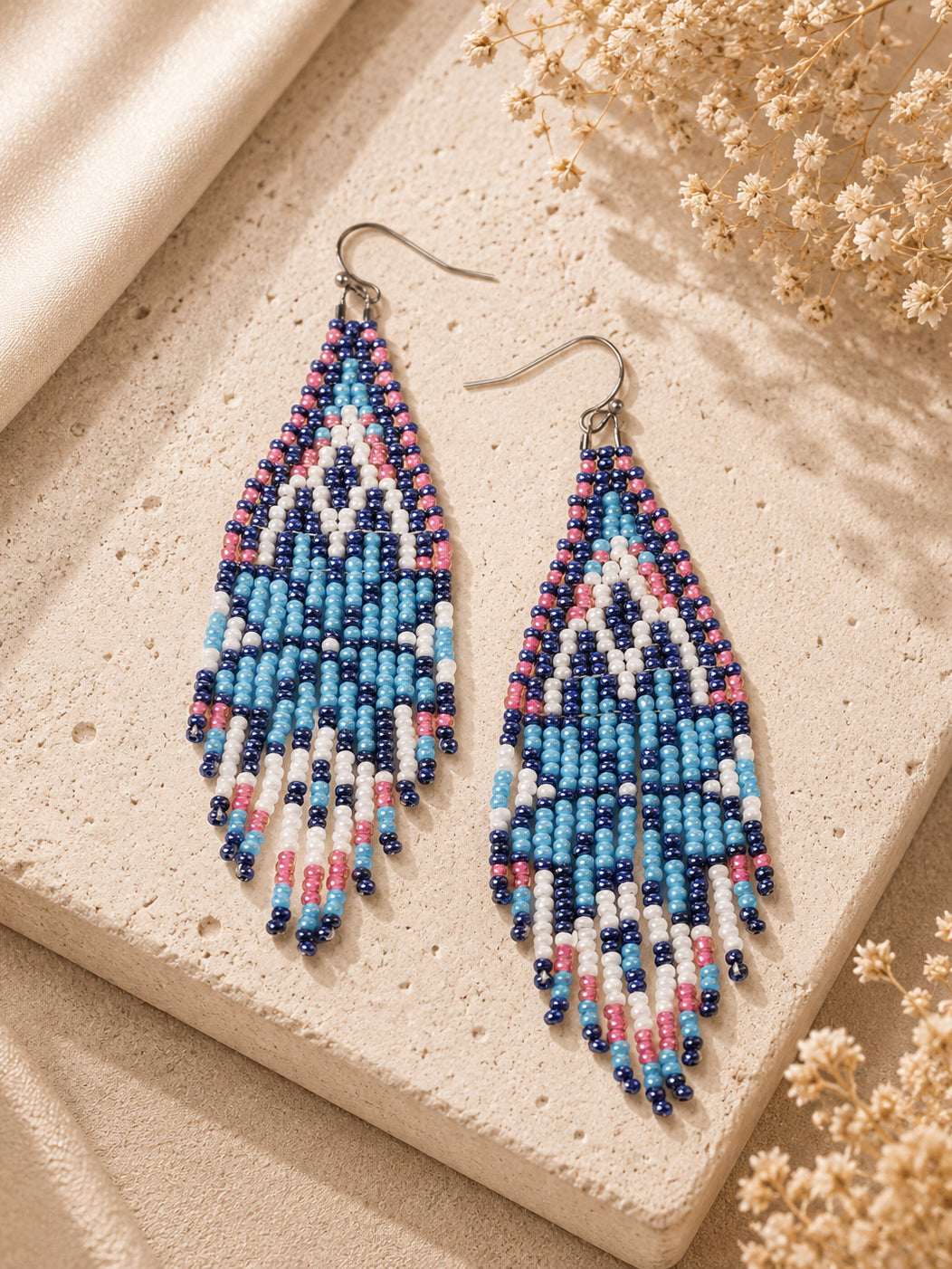 Pinky Glacier Beaded Fringe Earrings