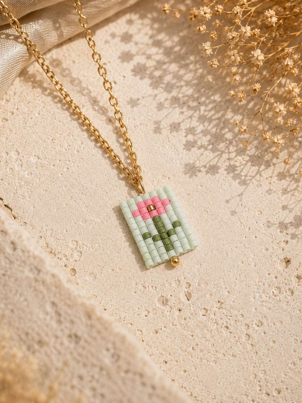 Pink Bloom Charm Beaded Necklace