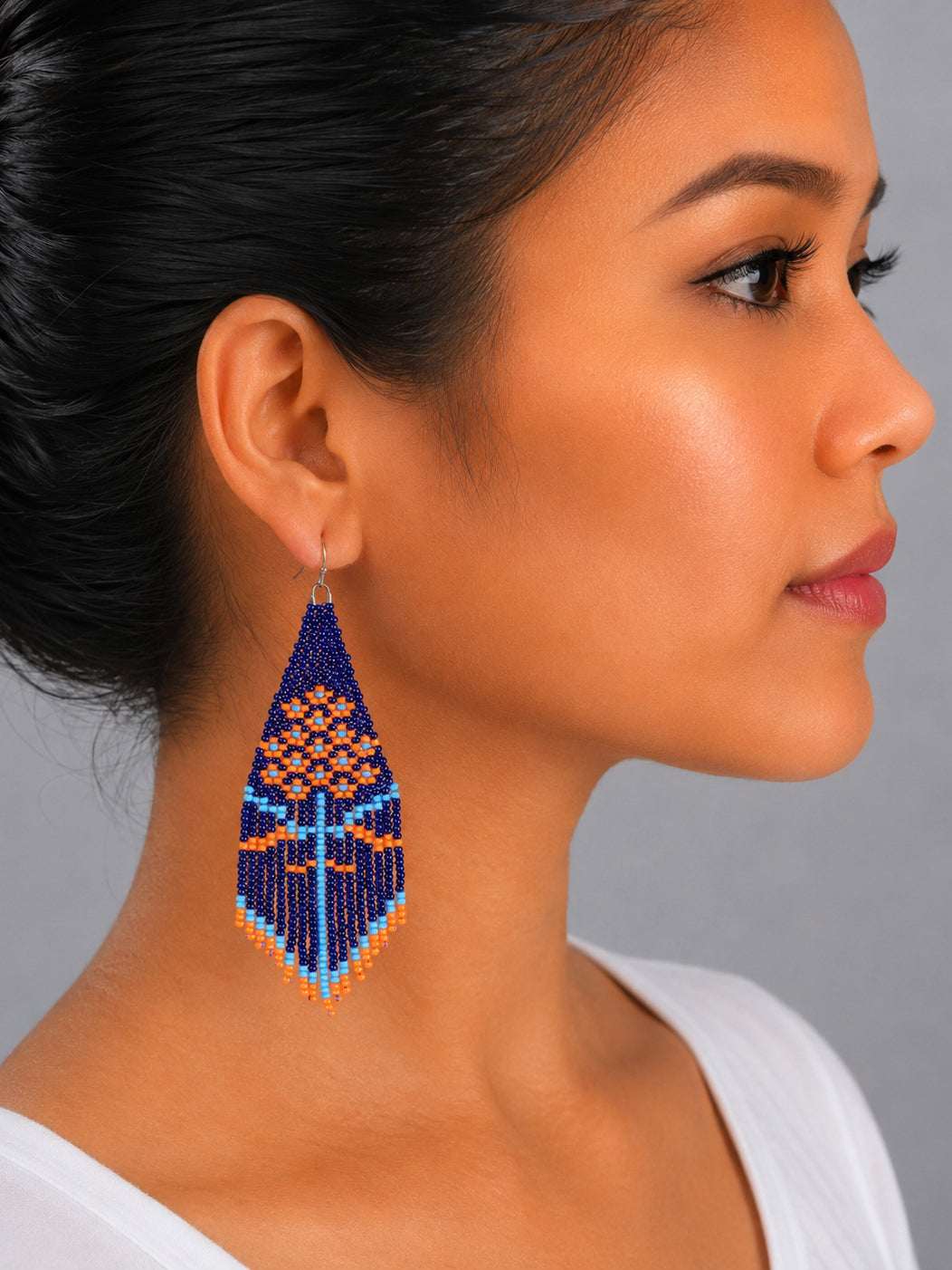 Orange Floral Fringe Beaded Earrings