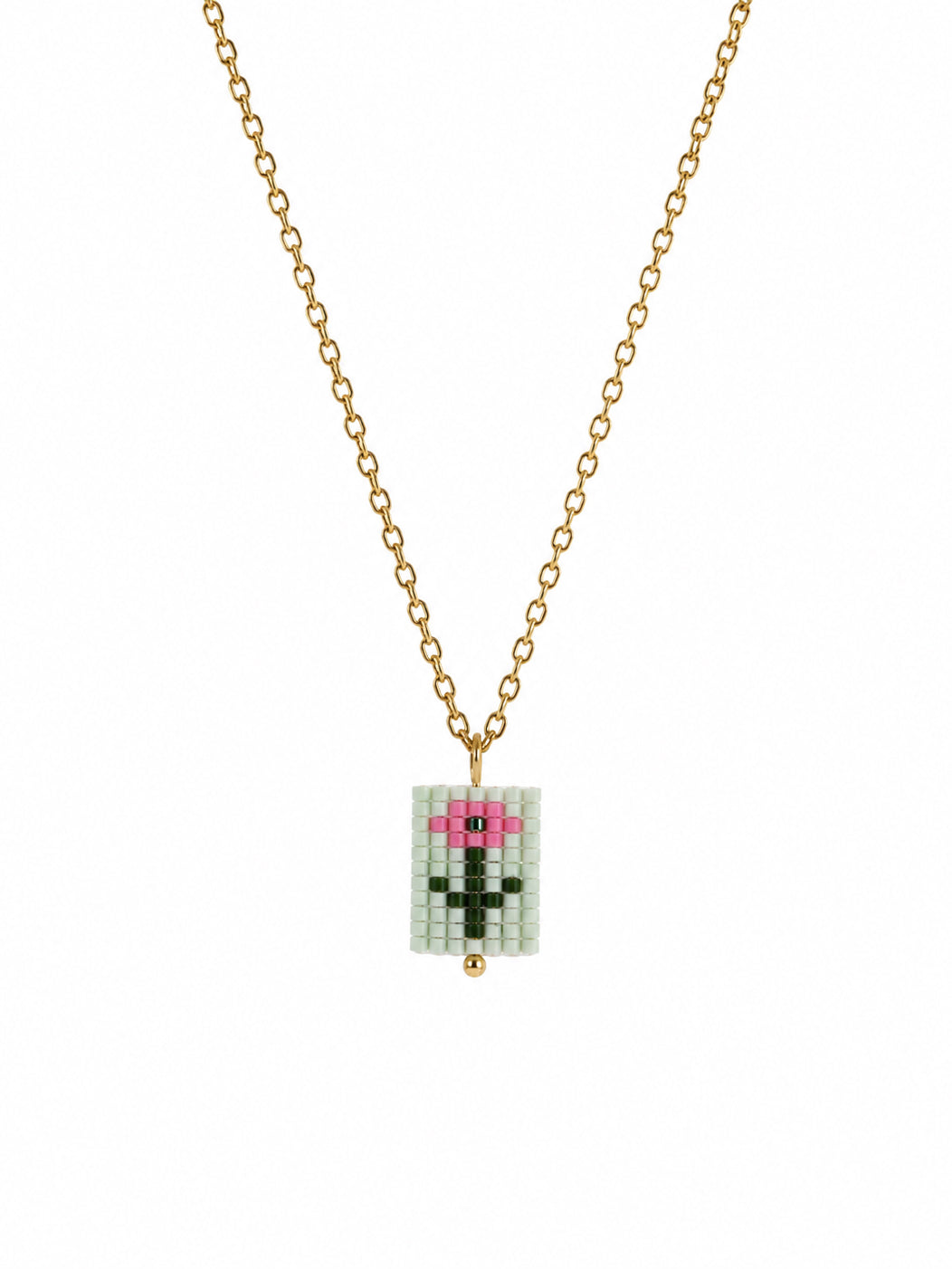 A gold chain necklace featuring a rectangular beaded pendant with a pixelated flower design in pink, green on a mint background.